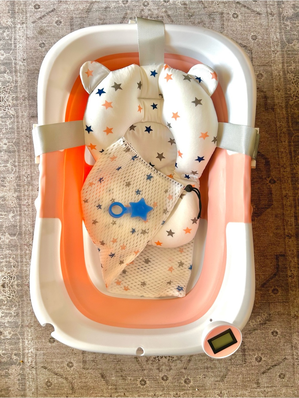 Baby Bath Tub with Star Print Neck Pillow and Mesh Sling - Pink/White